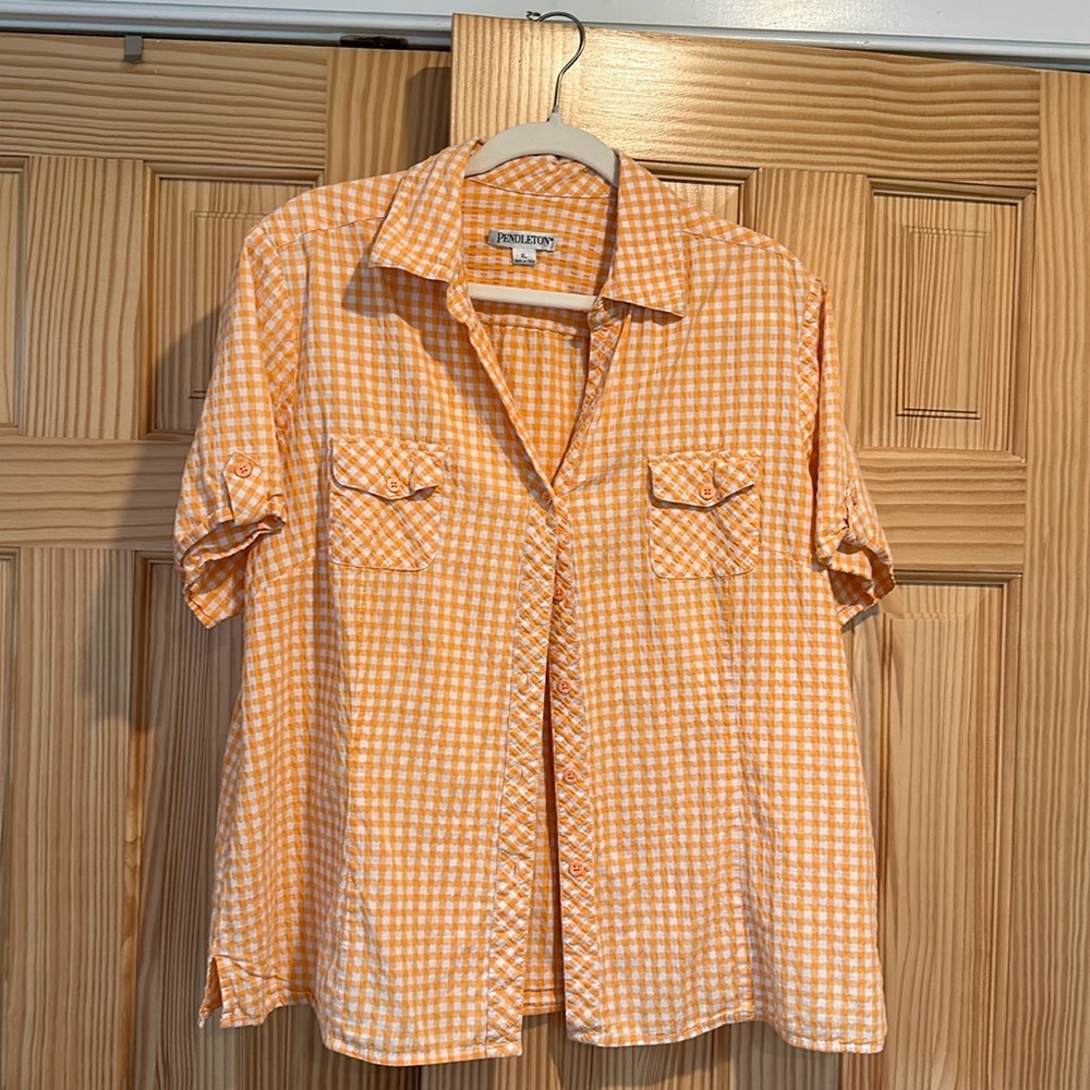 Pendleton Gingham Seersucker Orange White Button Blouse Top - size XL